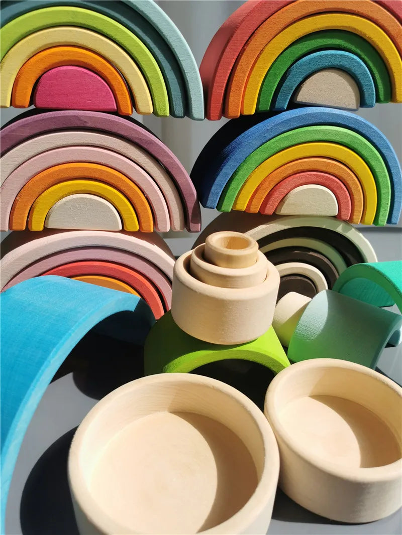 Kids Wooden Toys Rainbow Nesting Bowls Basswood 6 Layer Arch Stacker Blocks Trees