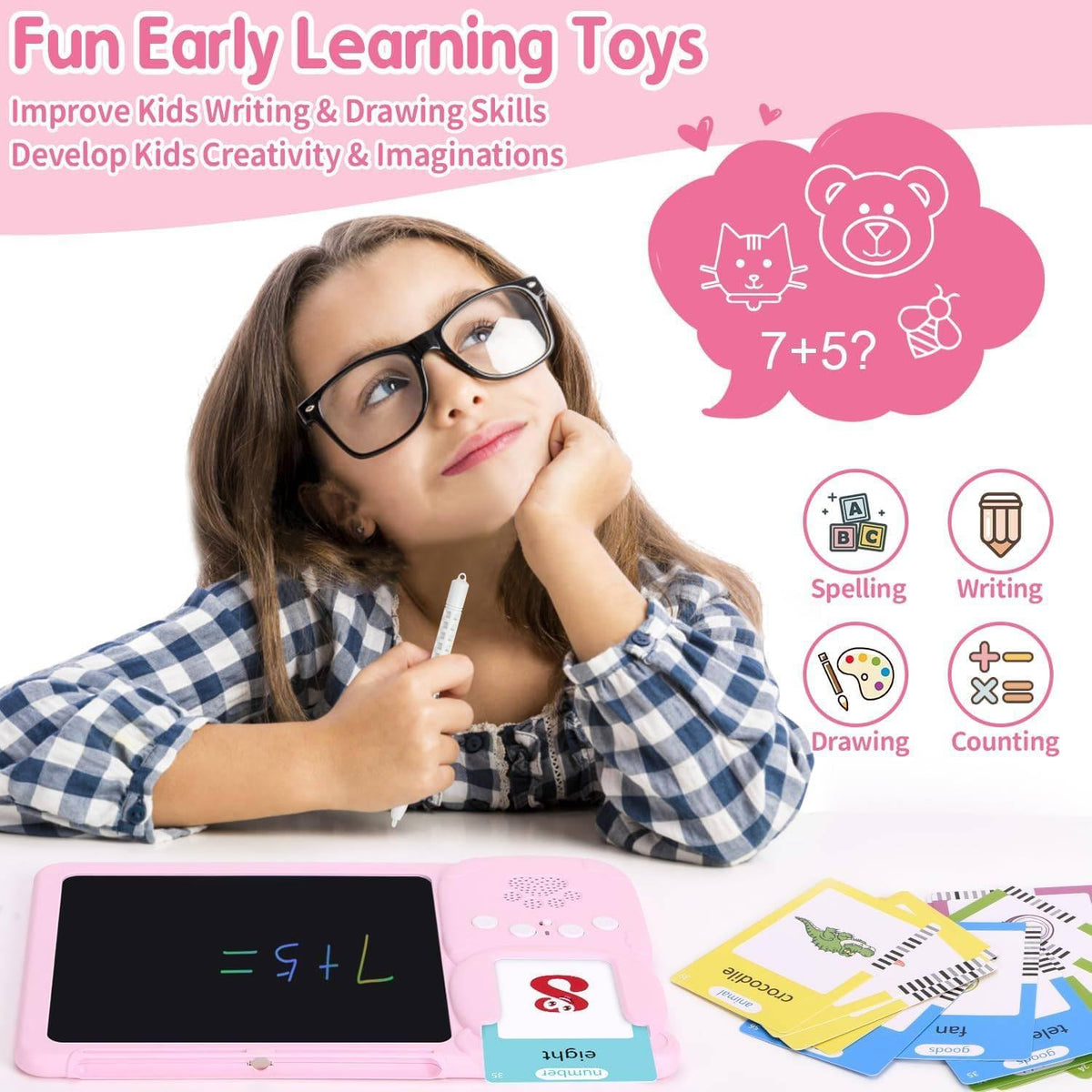 LCD Writing Tablet for Kids, 510 Sight Words Talking Flash Cards, Montessori Toy, Sensory Toys for Autistic Children, Preschool Kids Toy Age 2 3 4 5 Years Old Boys & Girls Xmars Birthday Gift Pink