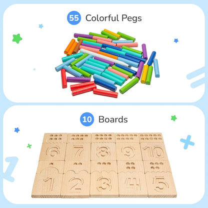 Counting Peg Boards and Number Tracing for Kids - Wooden Montessori Arithmetic Math Toy Set for Toddlers and Preschoolers - Math Manipulatives for Kindergarten (55 Pegs, 10 Boards, 1 Pencil)