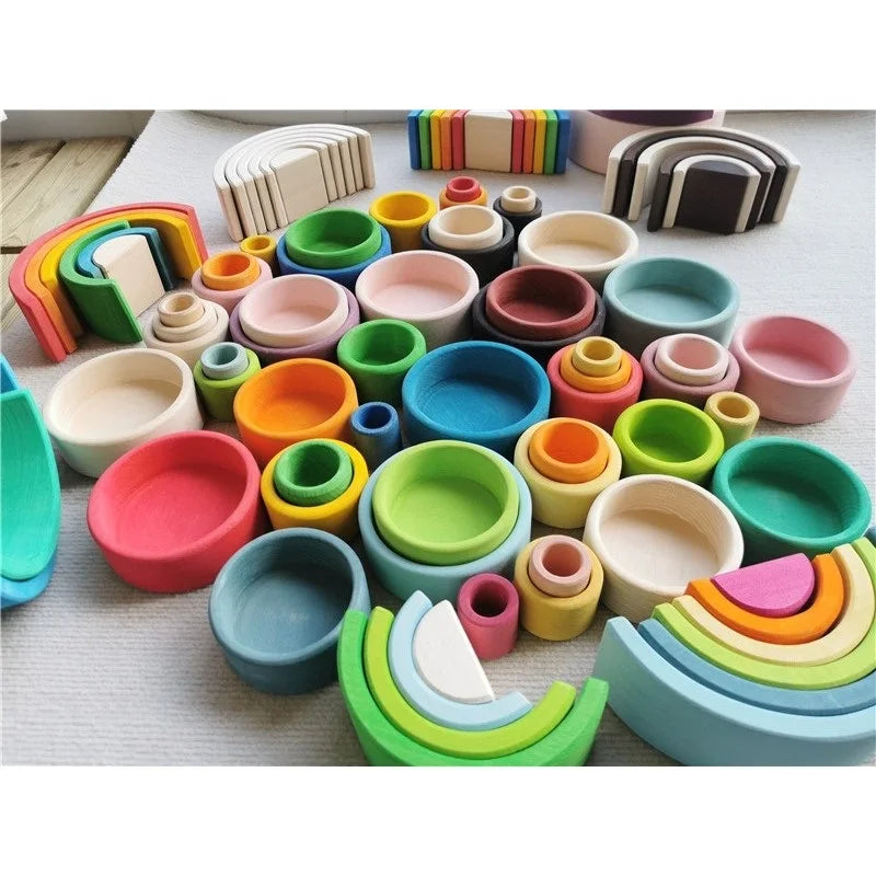 Kids Wooden Toys Rainbow Nesting Bowls Basswood 6 Layer Arch Stacker Blocks Trees