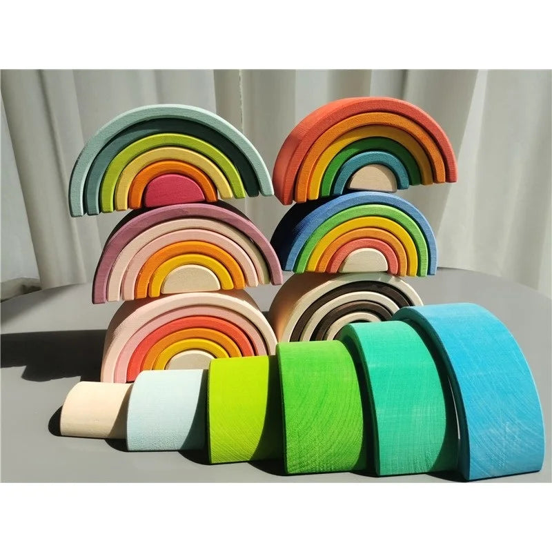 Kids Wooden Toys Rainbow Nesting Bowls Basswood 6 Layer Arch Stacker Blocks Trees