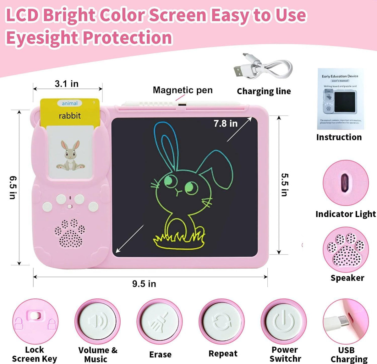 LCD Writing Tablet for Kids, 510 Sight Words Talking Flash Cards, Montessori Toy, Sensory Toys for Autistic Children, Preschool Kids Toy Age 2 3 4 5 Years Old Boys & Girls Xmars Birthday Gift Pink
