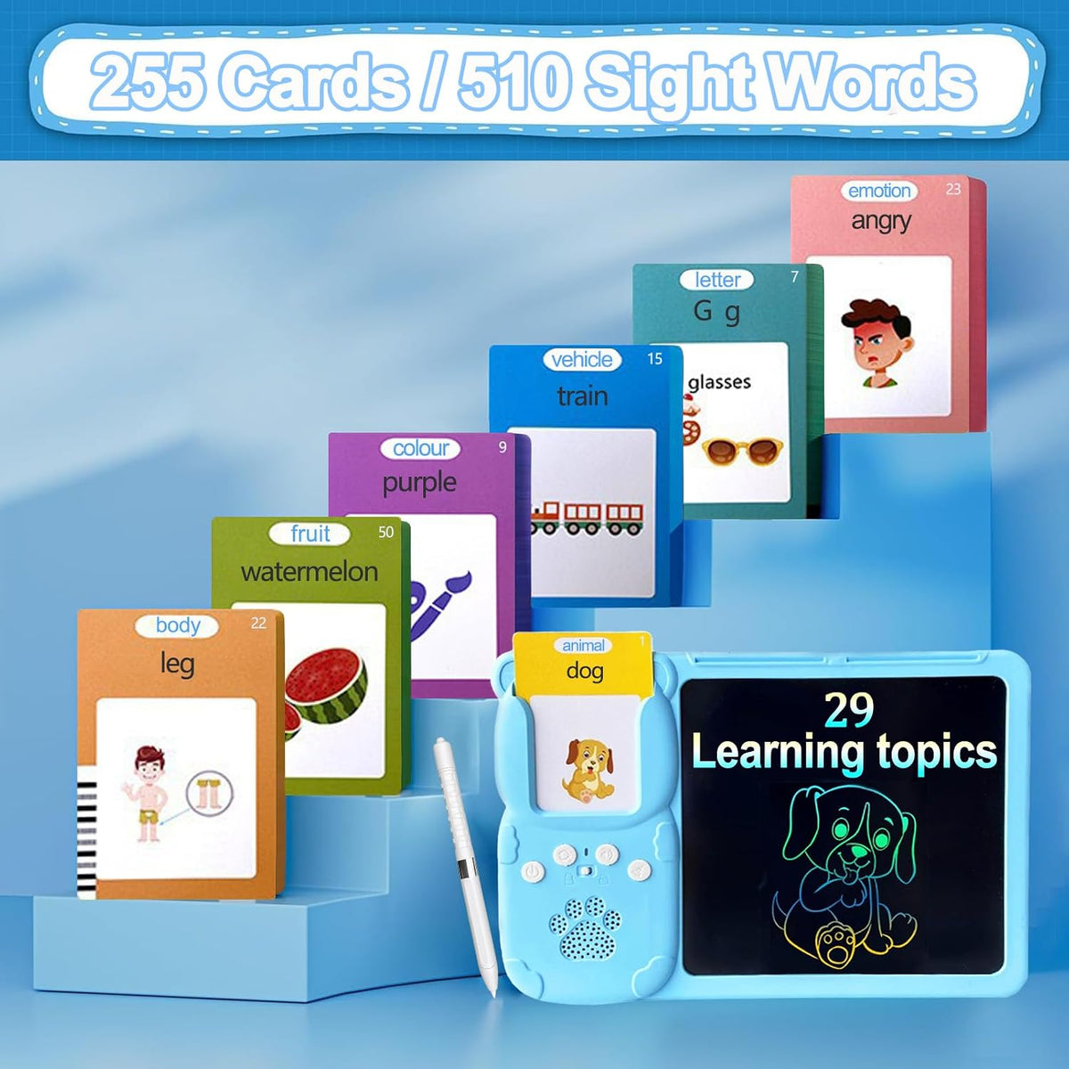 Talking Flash Cards for Toddlers,510 Sight Words,Lcd Writing Tablet Kids,Eye-Care Drawing Tablet with Lock&Erase Funtion,Educational Speech Toys for Autism,Birthday Gifts for Boys Girls 2-6 Years Old