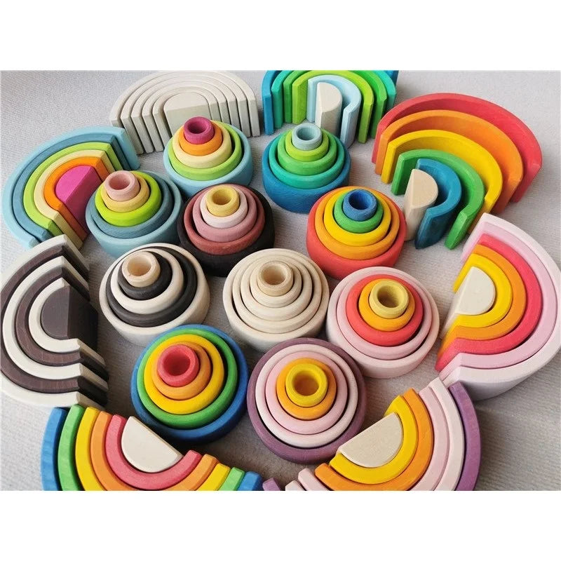 Kids Wooden Toys Rainbow Nesting Bowls Basswood 6 Layer Arch Stacker Blocks Trees