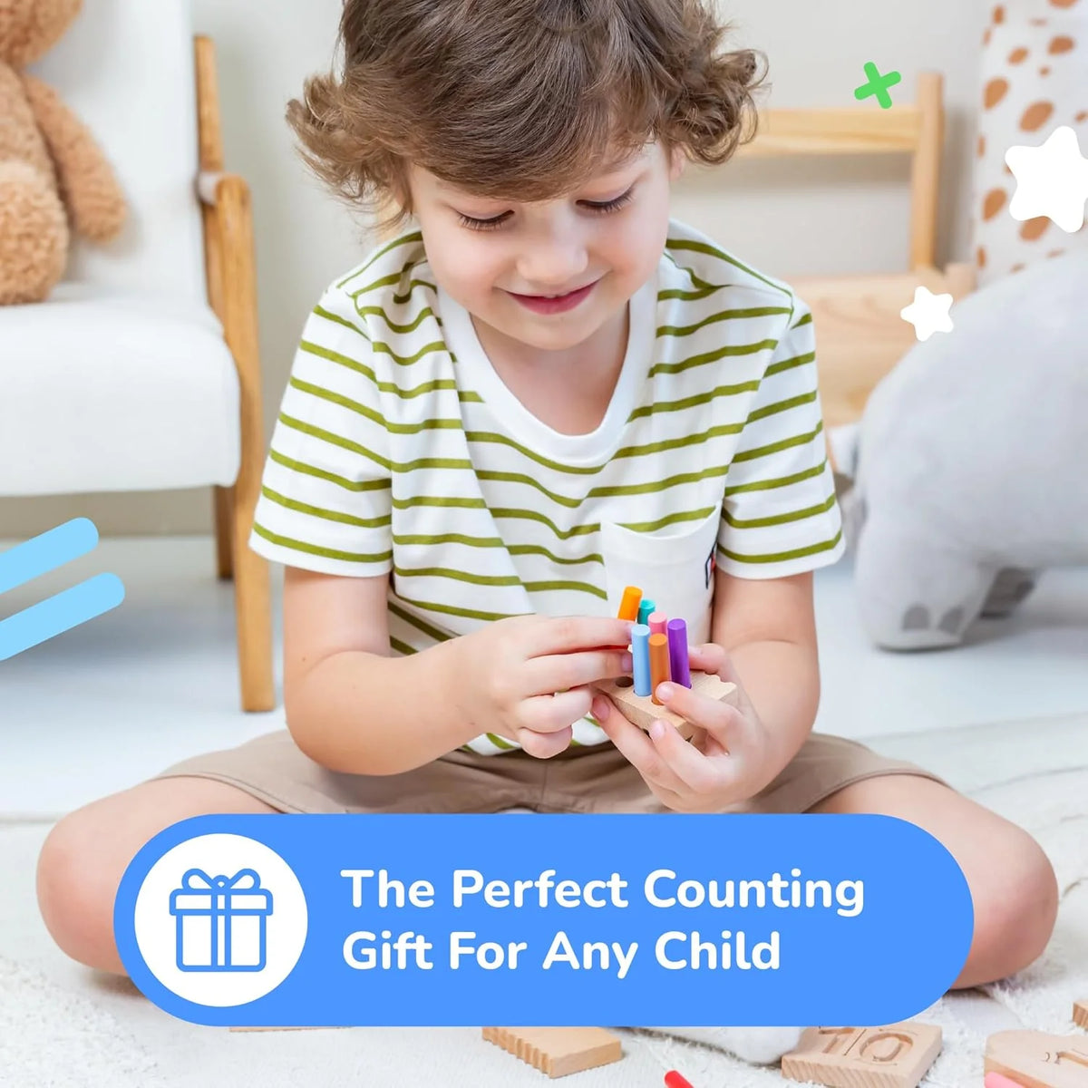 Counting Peg Boards and Number Tracing for Kids - Wooden Montessori Arithmetic Math Toy Set for Toddlers and Preschoolers - Math Manipulatives for Kindergarten (55 Pegs, 10 Boards, 1 Pencil)