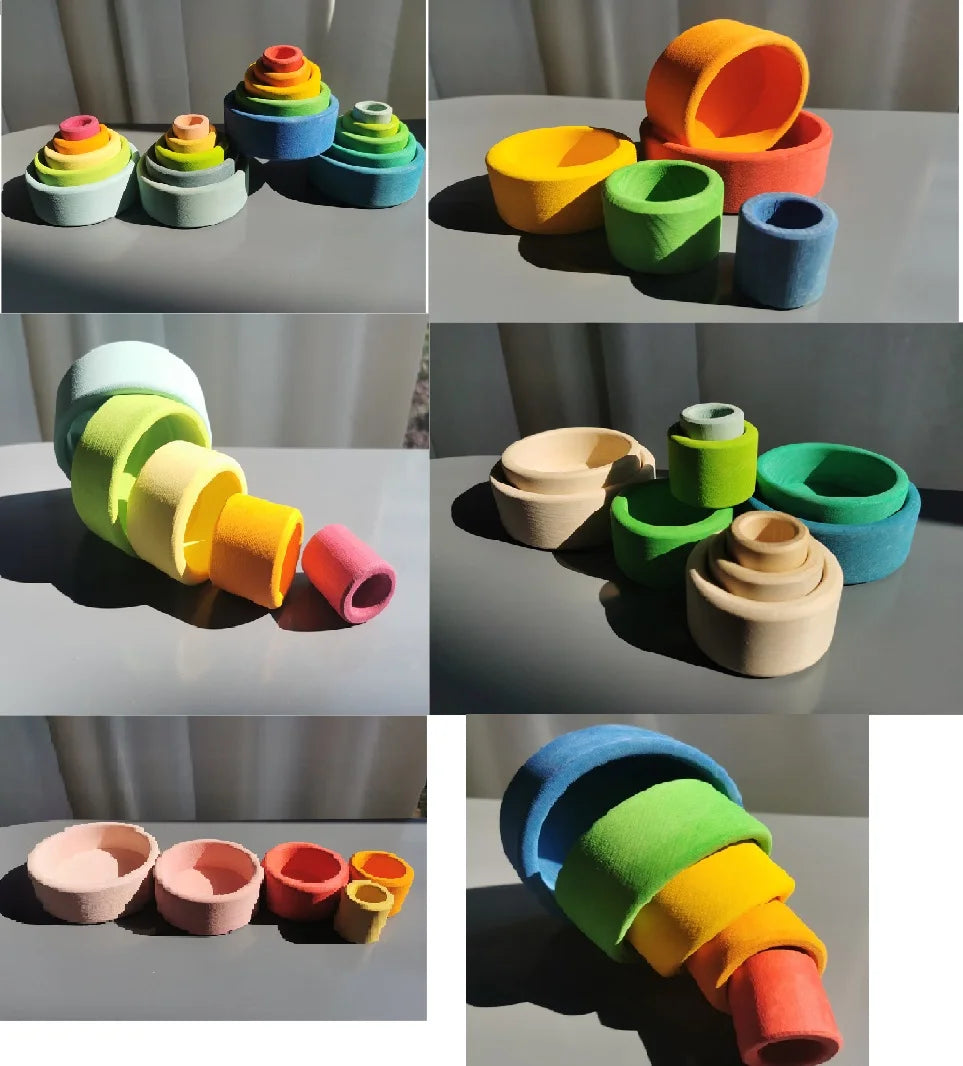 Kids Wooden Toys Rainbow Nesting Bowls Basswood 6 Layer Arch Stacker Blocks Trees
